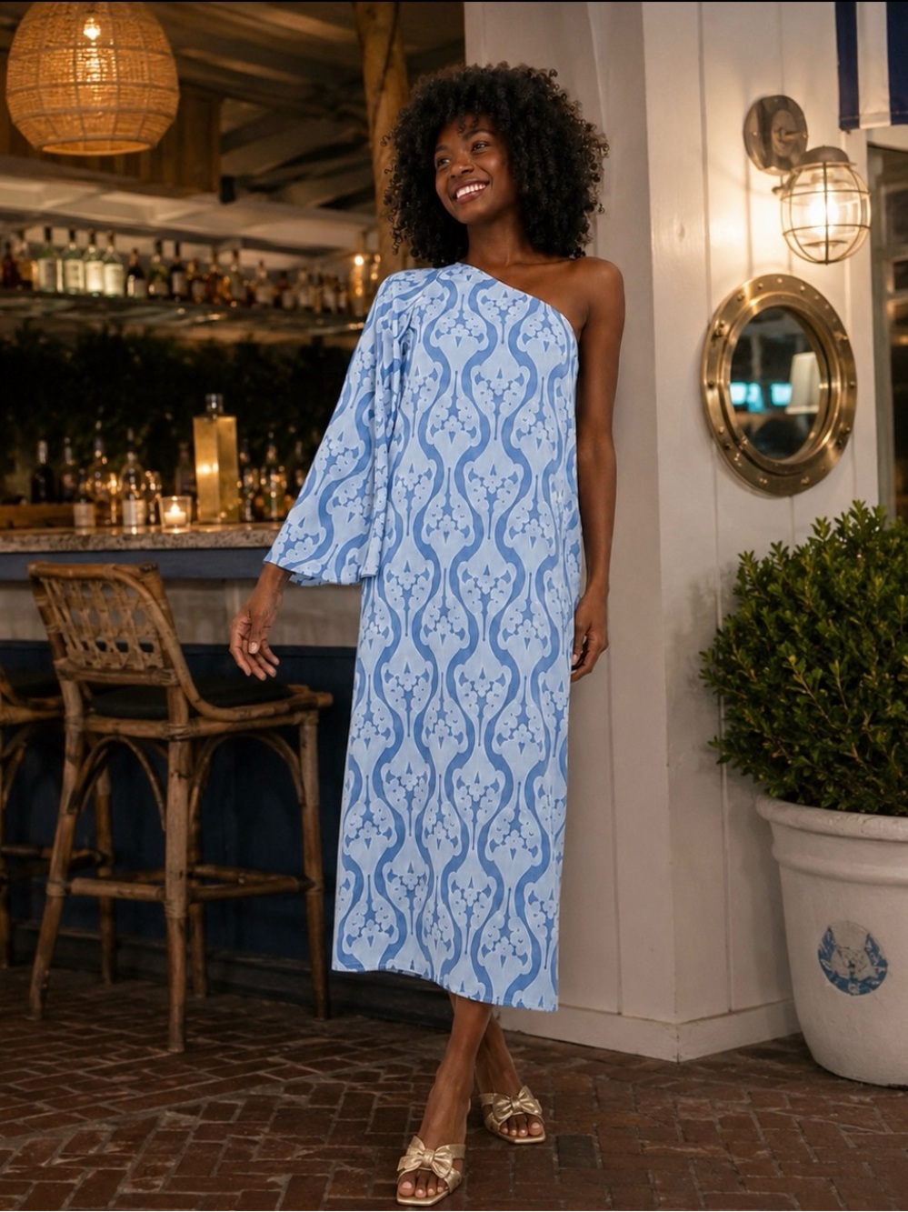 Hyacinth House One Shoulder Blue Resort Midi Dress | Coastal Chic | NWT - Picture 5 of 14